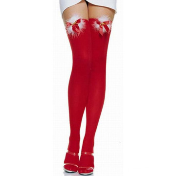 Proveedor de china invierno rojo calcetines borrosos bowknot muslo medias altas mujeres